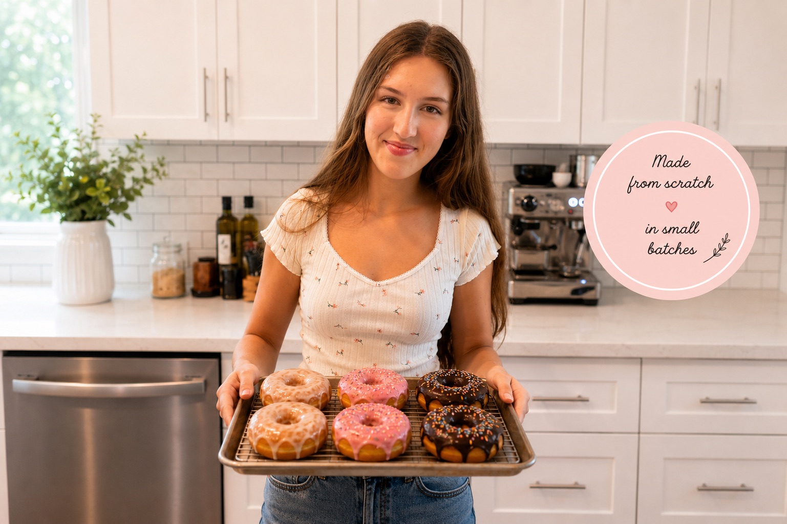 Robyn holding a tray of freshly glazed gluten-free donuts, with a 'made from scratch in small batches' badge